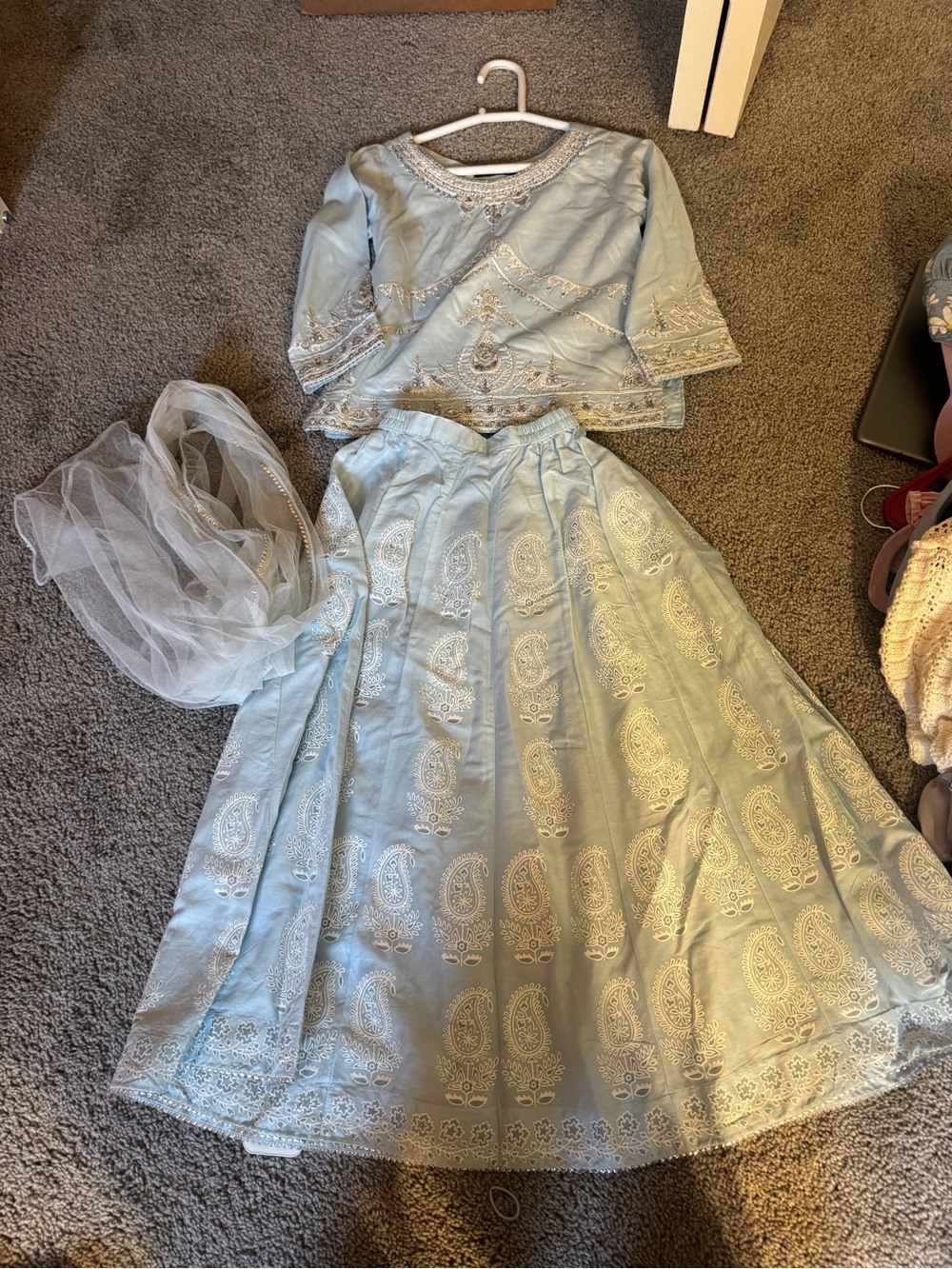 Girls Light Blue Embroidered Party Dress Set
